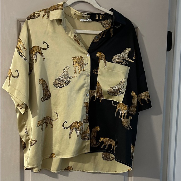 vestique Tops - Vestique Leopard Print Blouse - Black and Cream